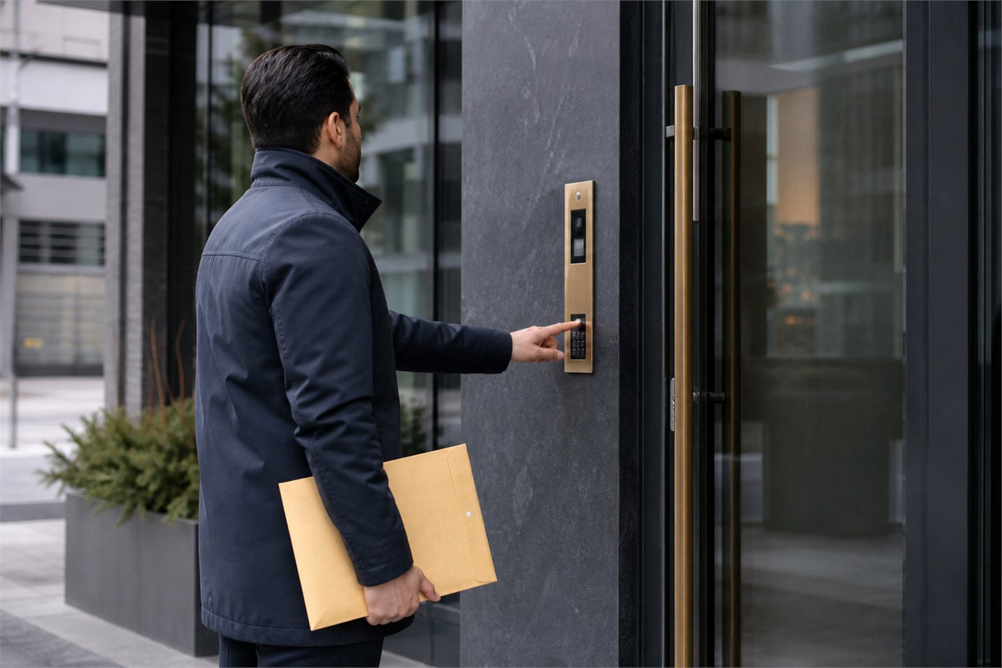 Professional field-service worker using the intercom at a condominium entrance while carrying documents