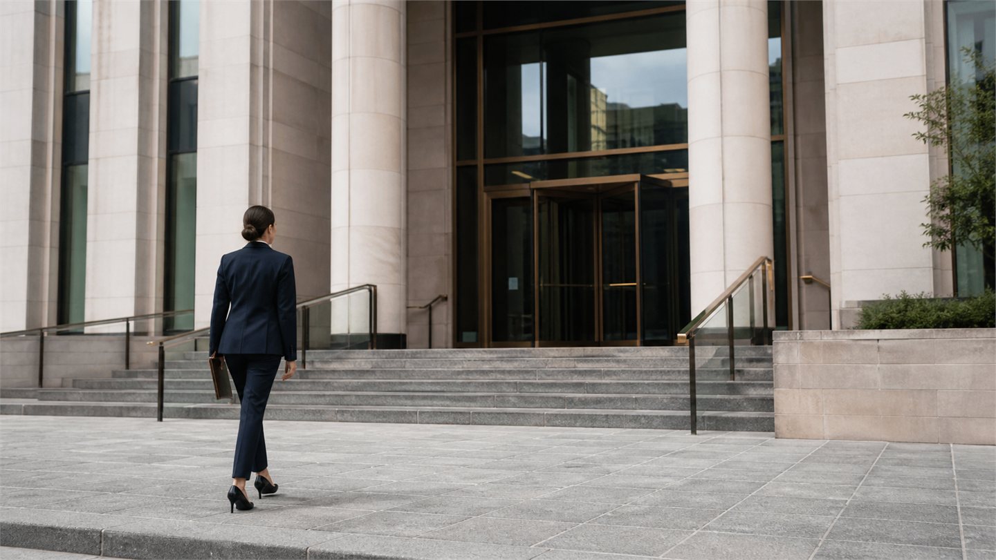 Legal support professional walking toward a courthouse entrance with a document folio