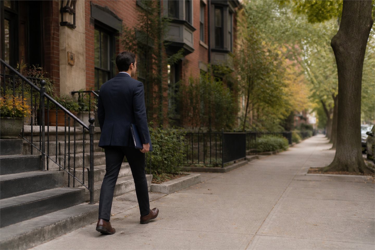 Professional field-service worker carrying a document folio on a Toronto residential street